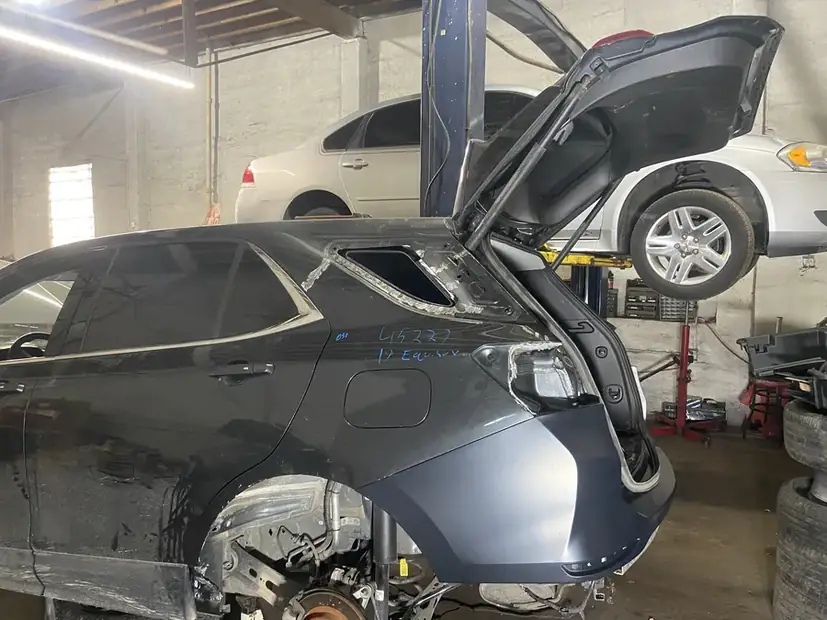 Front end damage assessed on the lift